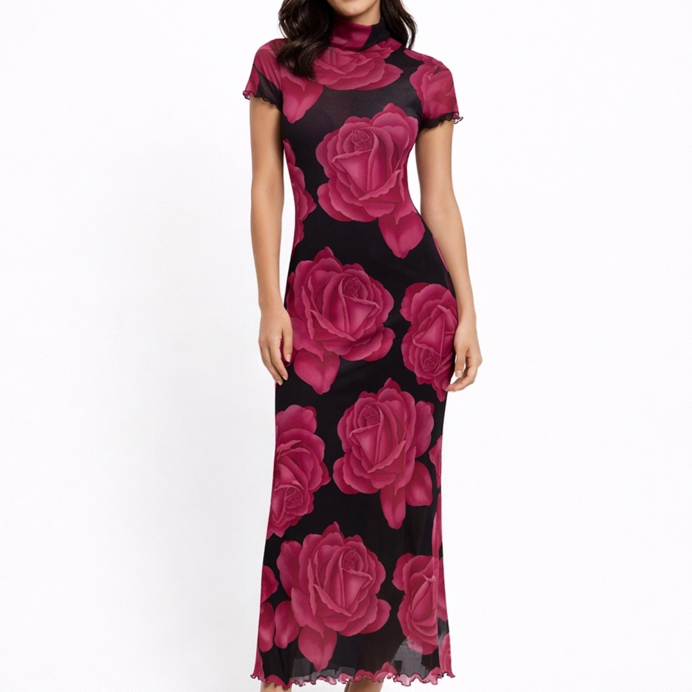 Ms.J Rose Print Maxi Dress Y2k Sheer Mesh Long Size S-M 90s